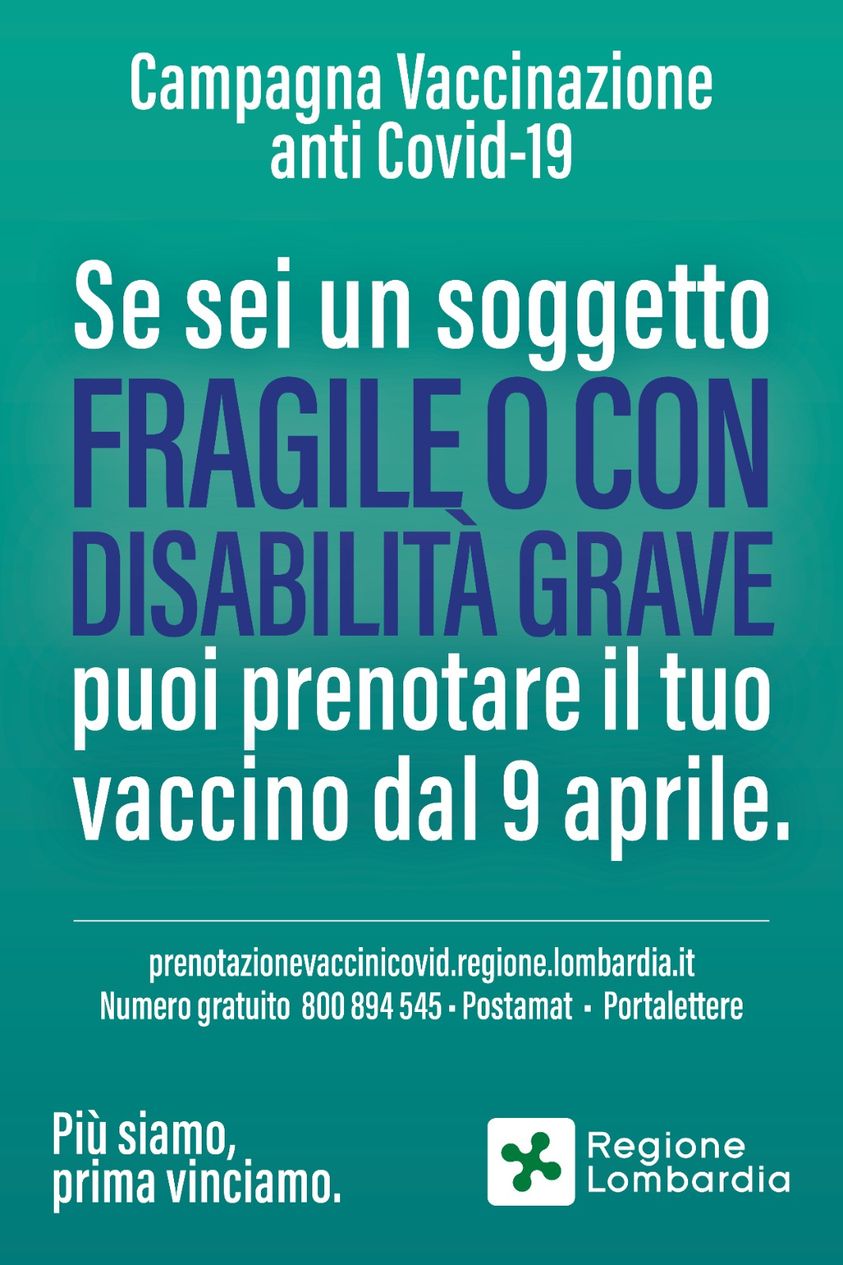 Vaccinazioni, persone fragili e con gravi disabilità: prenotazioni dal 9 aprile