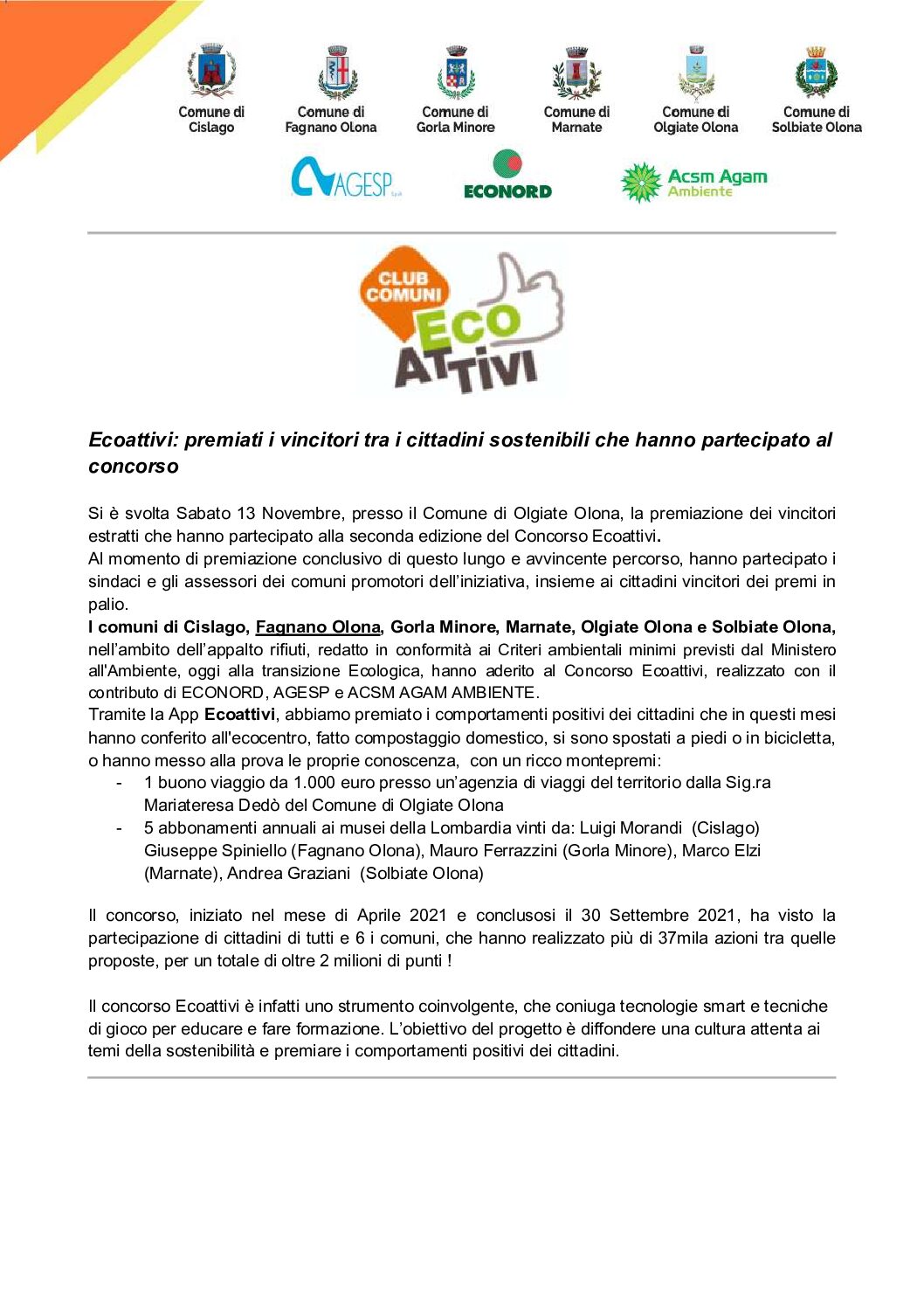 Premiazione Concorso EcoAttivi